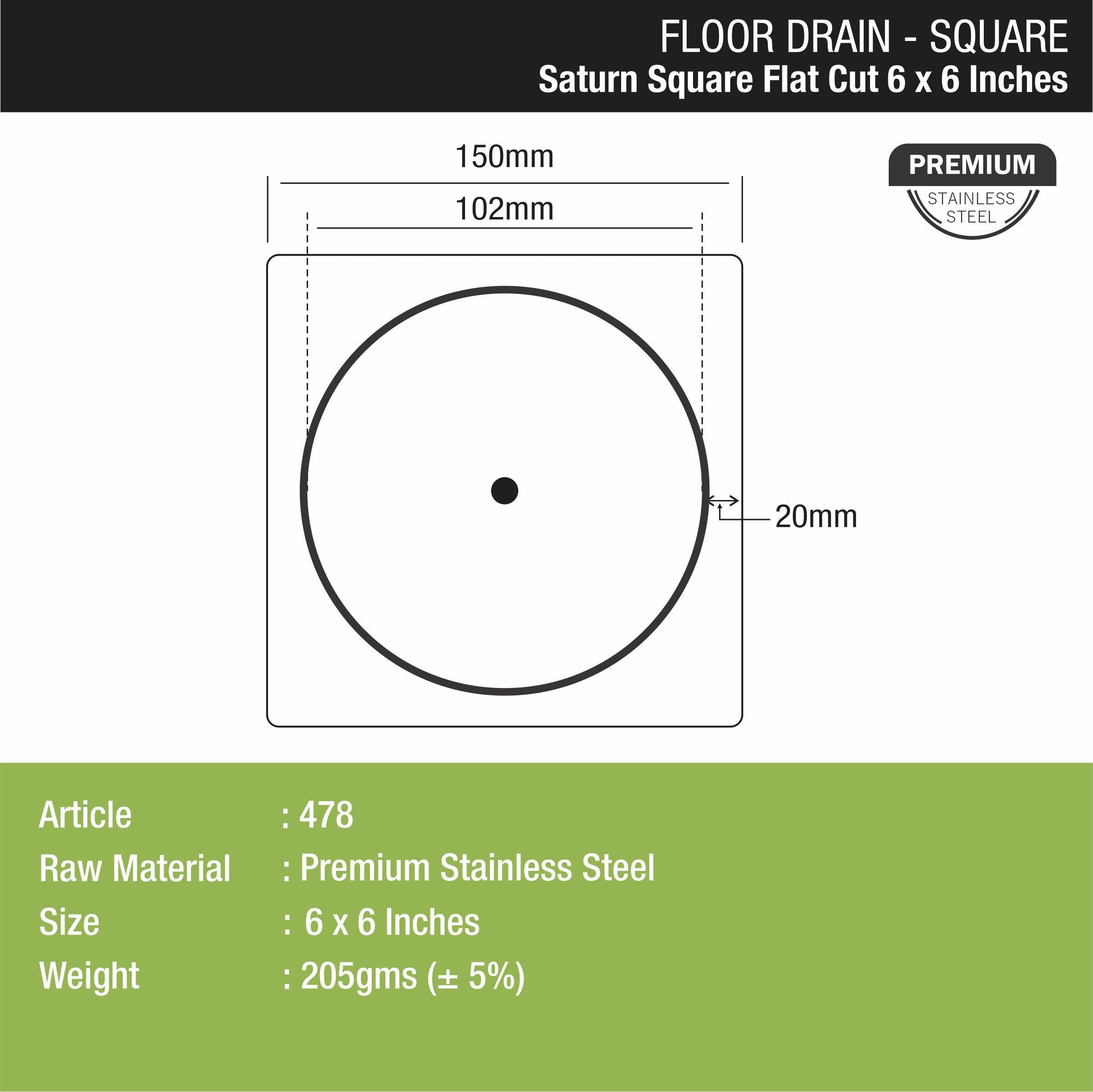 Saturn Square Flat Cut Floor Drain (6 x 6 Inches) - LIPKA - Lipka Home