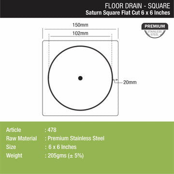 Saturn Square Flat Cut Floor Drain (6 x 6 Inches) - LIPKA - Lipka Home