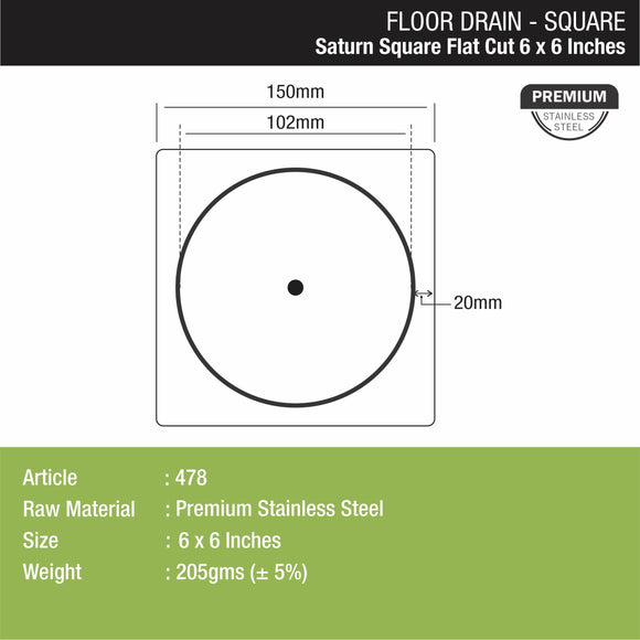 Saturn Square Flat Cut Floor Drain (6 x 6 Inches) - LIPKA - Lipka Home