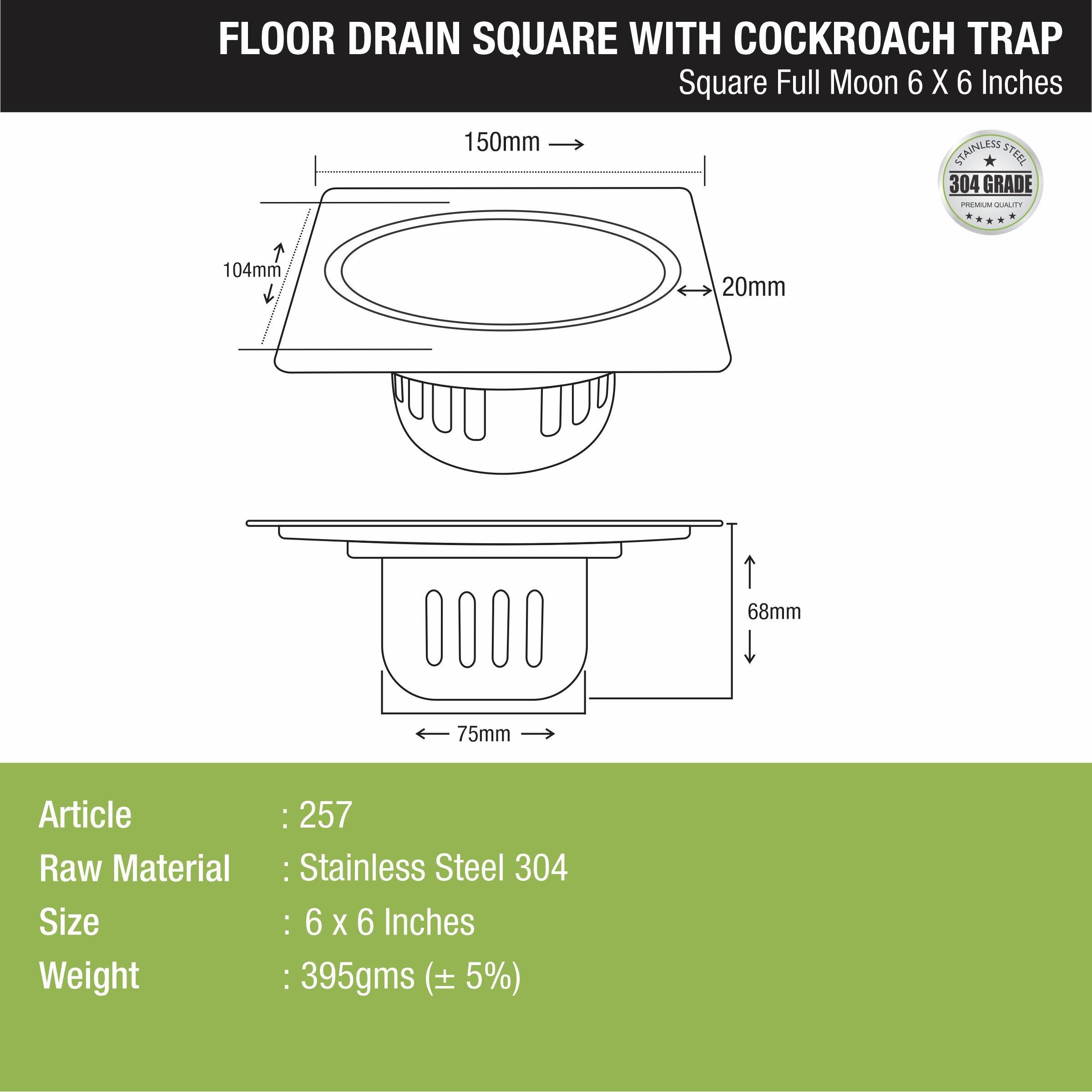 Full Moon Square Floor Drain (6 x 6 Inches) with Cockroach Trap - LIPKA - Lipka Home