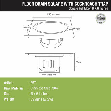 Full Moon Square Floor Drain (6 x 6 Inches) with Cockroach Trap - LIPKA - Lipka Home