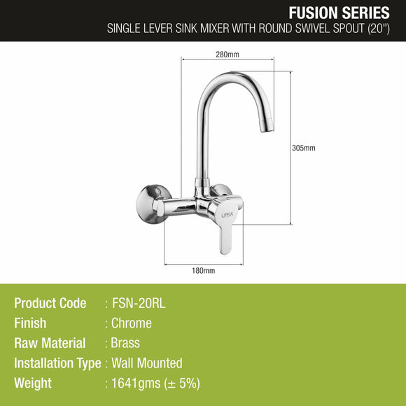 Fusion Single Lever Sink Mixer with Swivel Spout (20 Inches) - LIPKA - Lipka Home