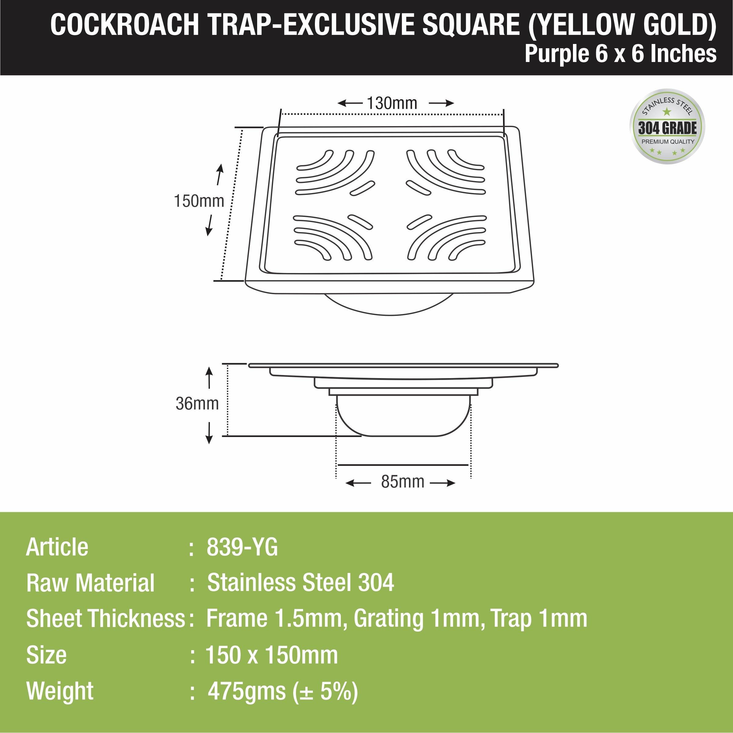 Purple Exclusive Square Floor Drain in Yellow Gold PVD Coating (6 x 6 Inches) with Cockroach Trap - LIPKA - Lipka Home