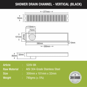 Vertical Shower Drain Channel - Black (12 x 4 Inches) - LIPKA - Lipka Home