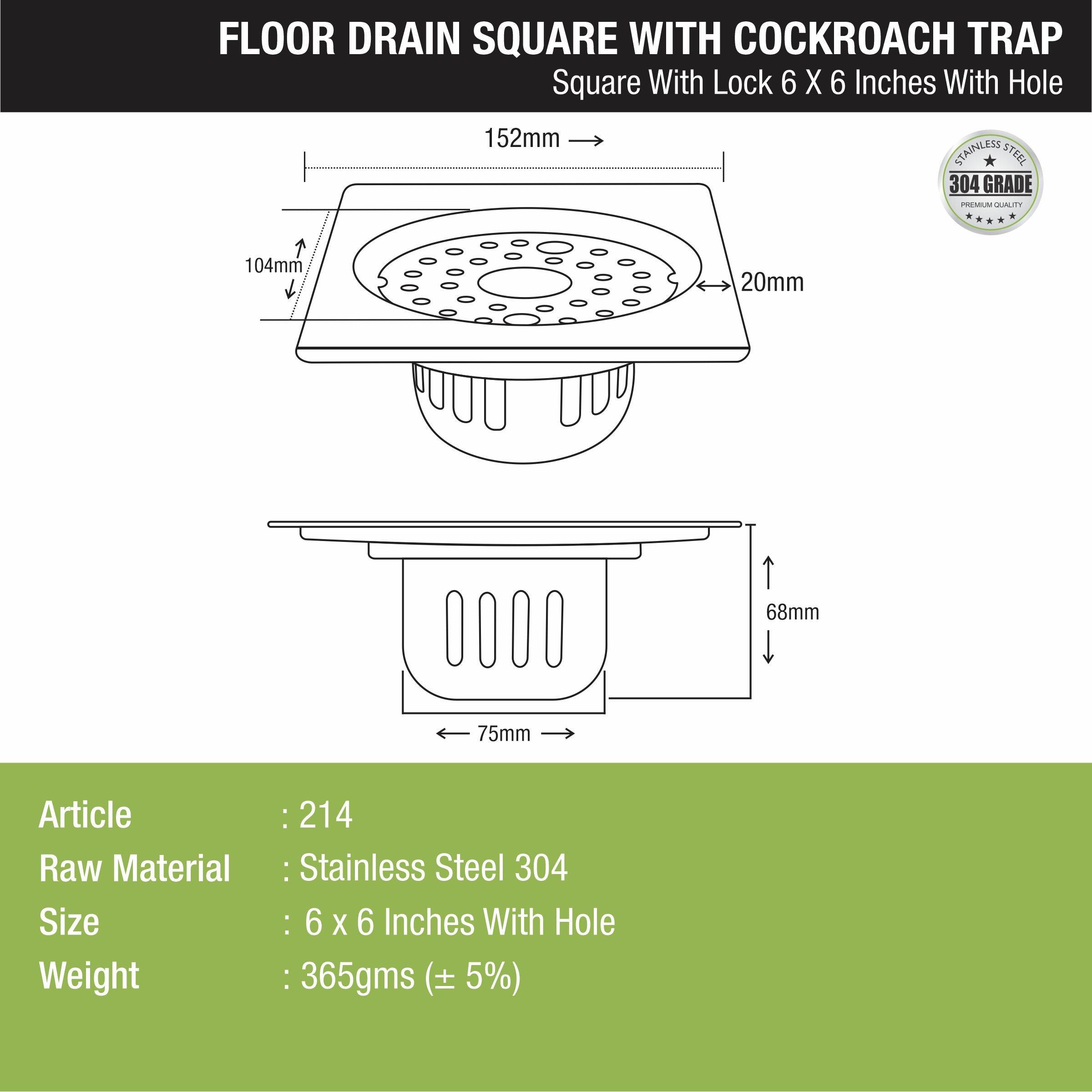 Square Floor Drain (6 x 6 Inches) with Lock, Hole and Cockroach Trap - LIPKA - Lipka Home