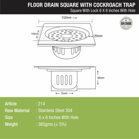 Square Floor Drain (6 x 6 Inches) with Lock, Hole and Cockroach Trap - LIPKA - Lipka Home