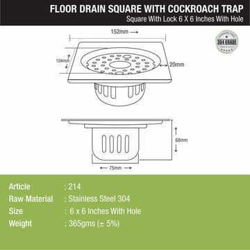 Square Floor Drain (6 x 6 Inches) with Lock, Hole and Cockroach Trap - LIPKA - Lipka Home