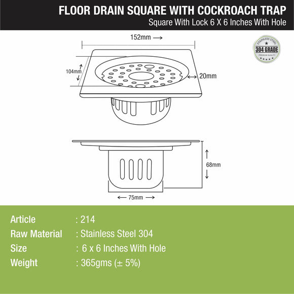 Square Floor Drain (6 x 6 Inches) with Lock, Hole and Cockroach Trap - LIPKA - Lipka Home