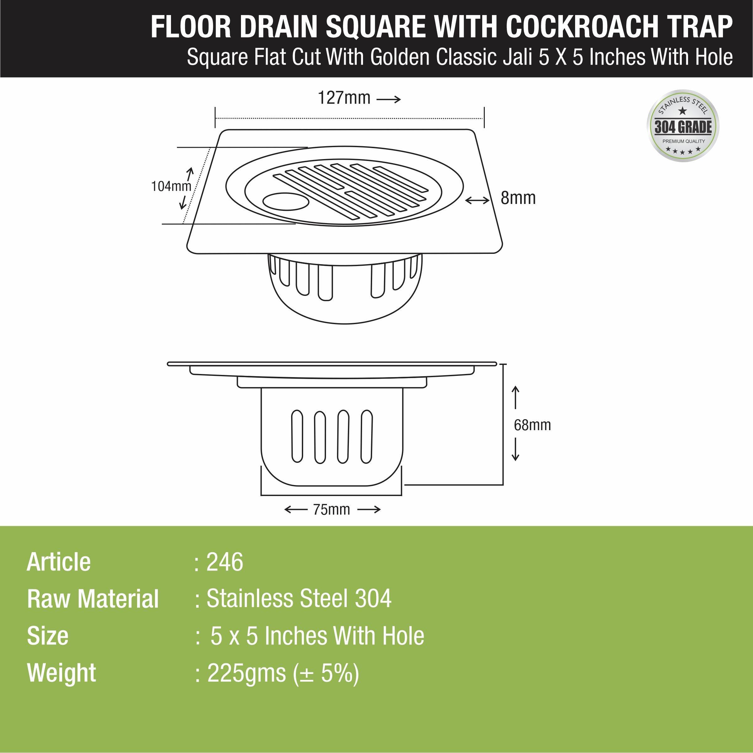 Golden Classic Jali Square Flat Cut Floor Drain (5 x 5 Inches) with Hole and Cockroach Trap - LIPKA - Lipka Home