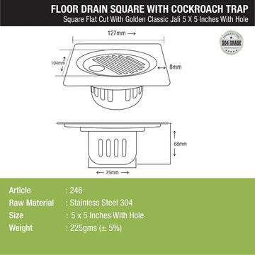 Golden Classic Jali Square Flat Cut Floor Drain (5 x 5 Inches) with Hole and Cockroach Trap - LIPKA - Lipka Home