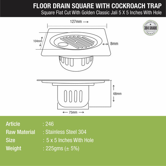 Golden Classic Jali Square Flat Cut Floor Drain (5 x 5 Inches) with Hole and Cockroach Trap - LIPKA - Lipka Home