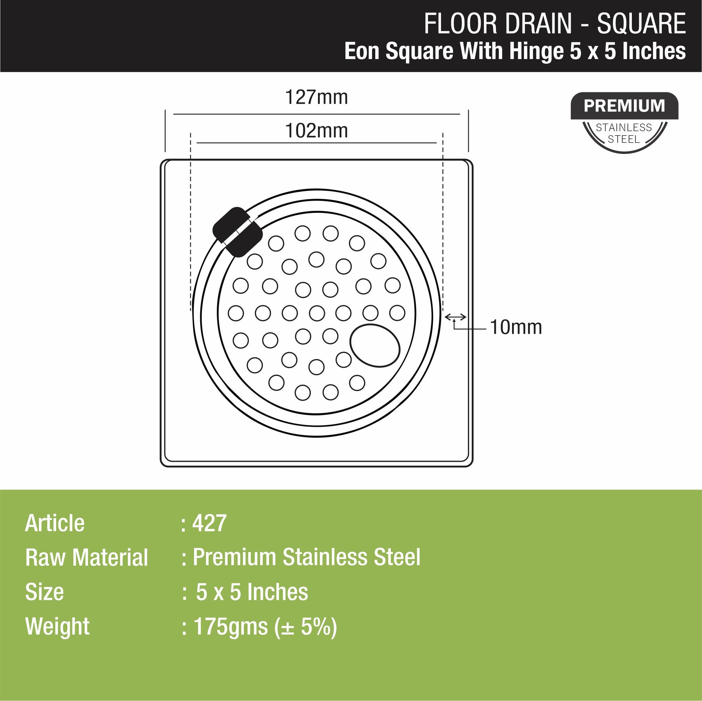 Eon Square Floor Drain with Hinge and Hole (5 x 5 Inches) - LIPKA - Lipka Home