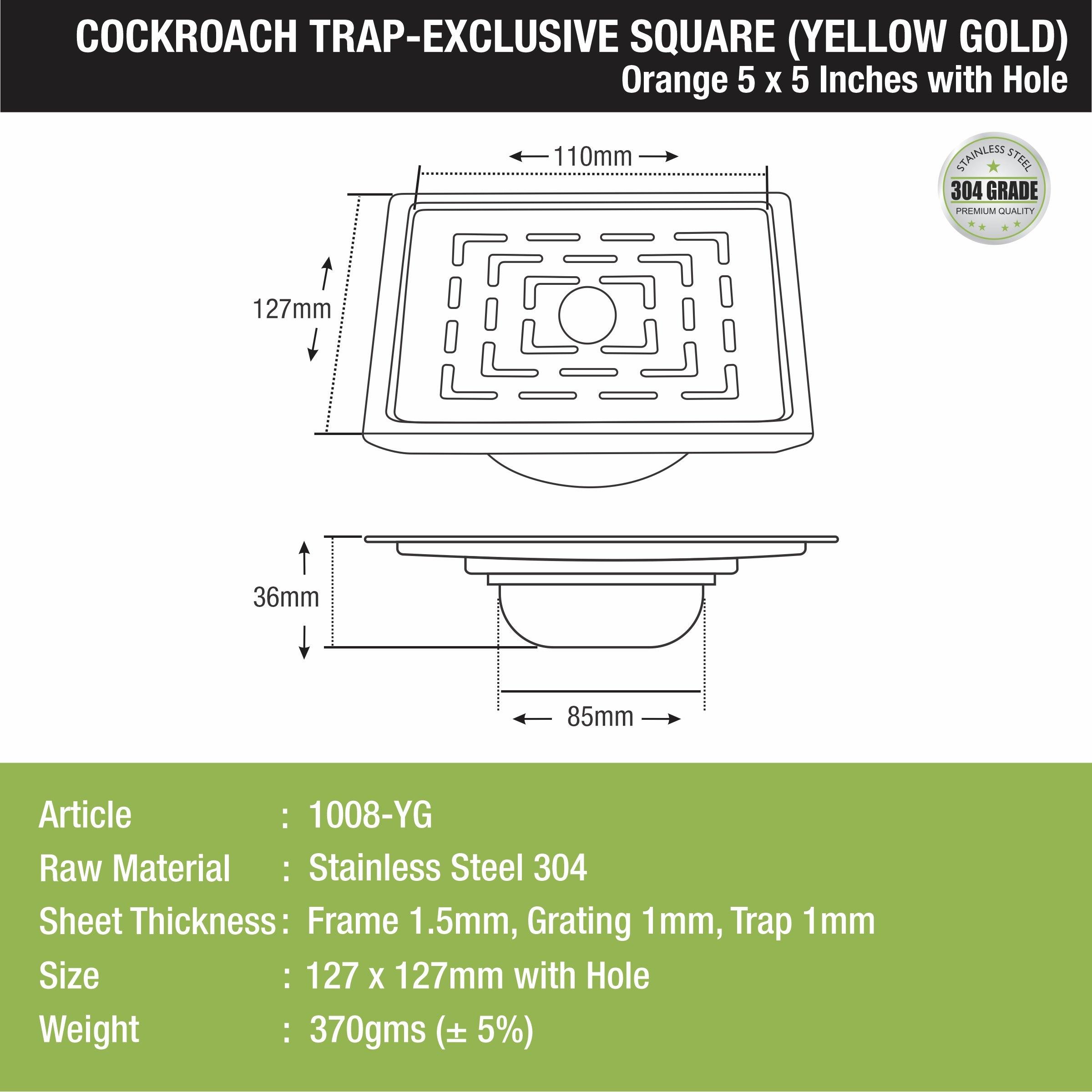 Orange Exclusive Square Floor Drain in Yellow Gold PVD Coating (5 x 5 Inches) with Hole & Cockroach Trap - LIPKA - Lipka Home