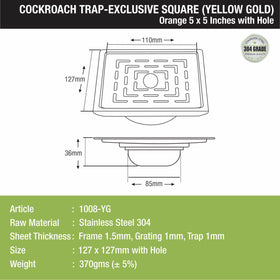 Orange Exclusive Square Floor Drain in Yellow Gold PVD Coating (5 x 5 Inches) with Hole & Cockroach Trap - LIPKA - Lipka Home
