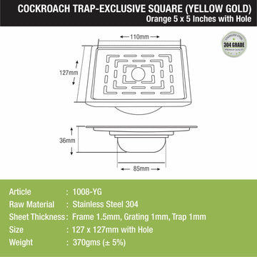 Orange Exclusive Square Floor Drain in Yellow Gold PVD Coating (5 x 5 Inches) with Hole & Cockroach Trap - LIPKA - Lipka Home