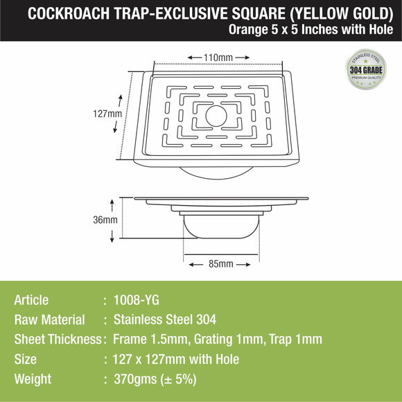 Orange Exclusive Square Floor Drain in Yellow Gold PVD Coating (5 x 5 Inches) with Hole & Cockroach Trap - LIPKA - Lipka Home