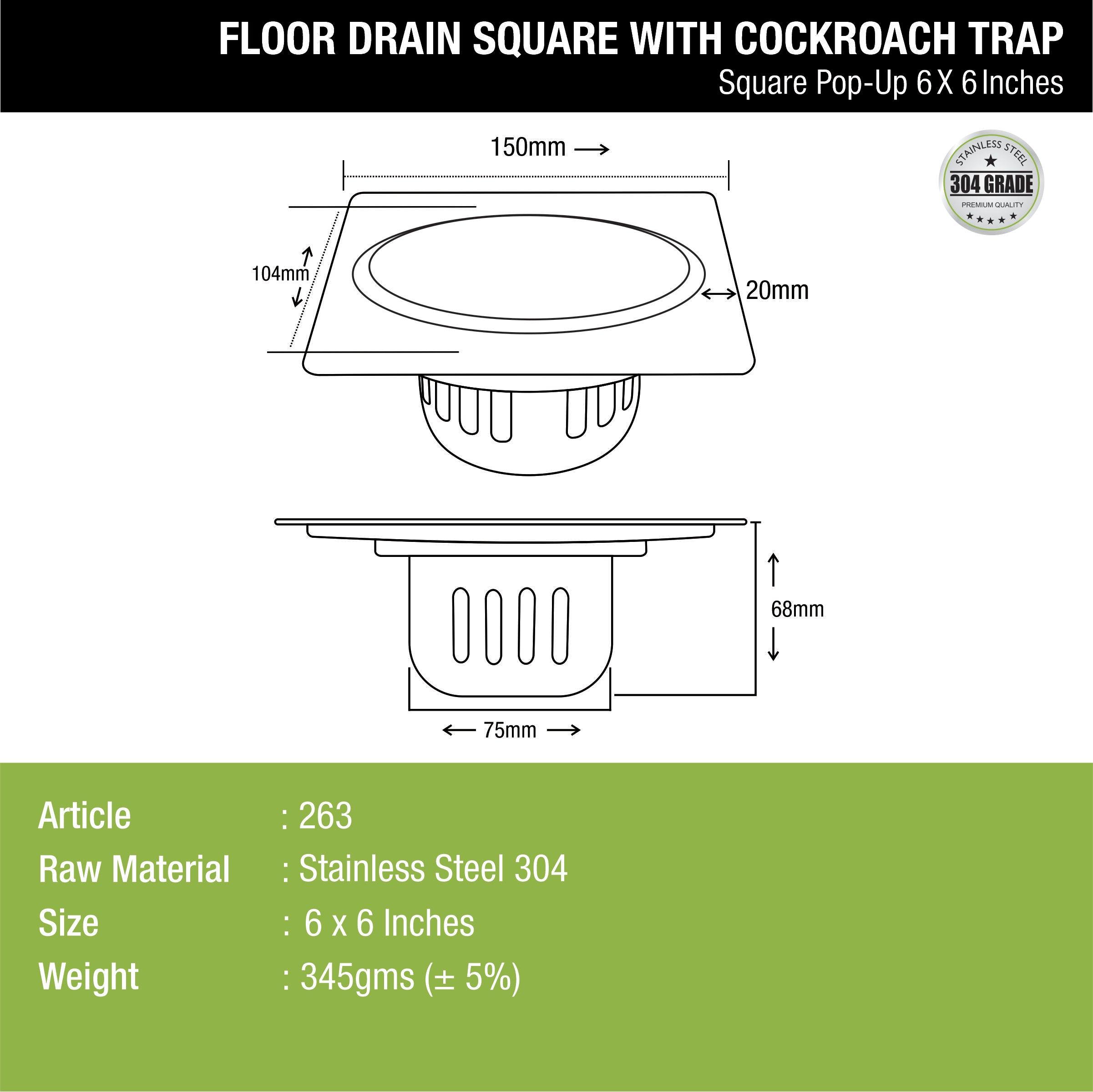 Pop-up Square Floor Drain (6 x 6 Inches) with Cockroach Trap - LIPKA