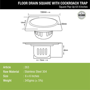 Pop-up Square Floor Drain (6 x 6 Inches) with Cockroach Trap - LIPKA - Lipka Home