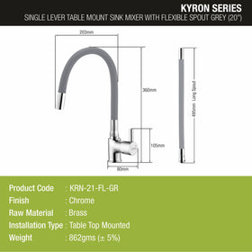 Kyron Single Lever Table Mount Sink Mixer Brass Faucet with Flexible Silicone Spout (Grey) - LIPKA - Lipka Home