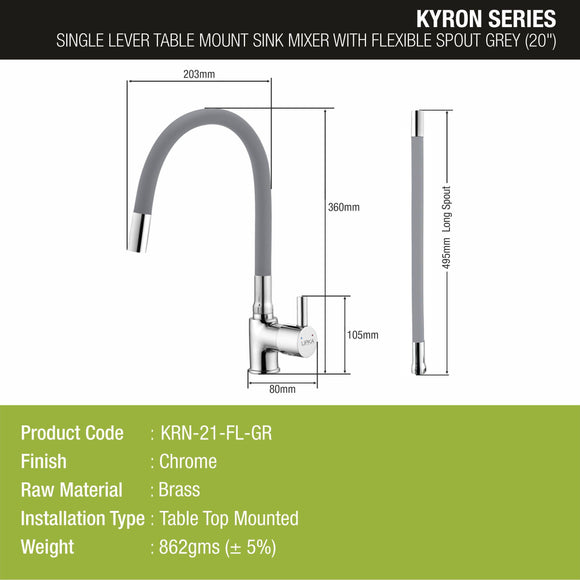 Kyron Single Lever Table Mount Sink Mixer Brass Faucet with Flexible Silicone Spout (Grey) - LIPKA - Lipka Home