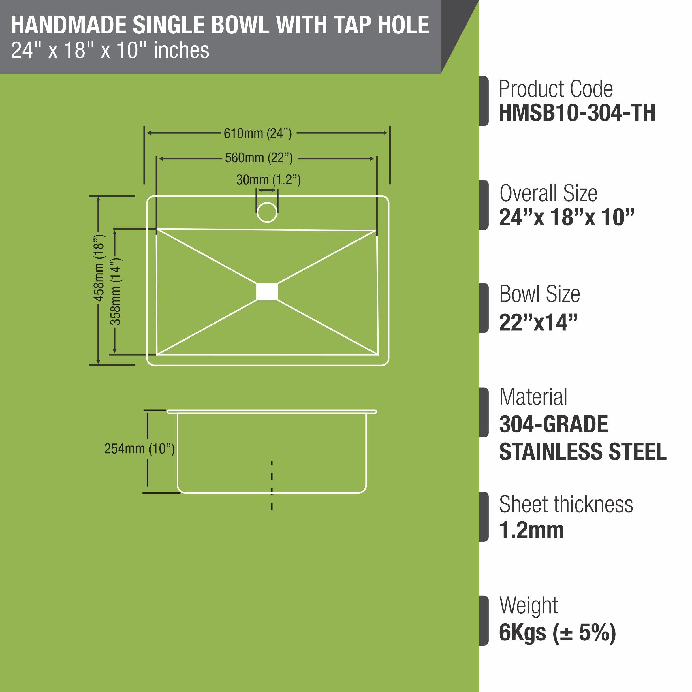 Handmade Single Bowl 304-Grade Kitchen Sink with Tap Hole (24 x 18 x 10 Inches) - LIPKA - Lipka Home