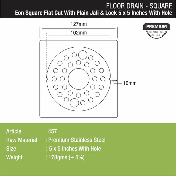 Eon Square Flat Cut Floor Drain with Plain Jali, Lock and Hole (5 x 5 Inches) - LIPKA - Lipka Home