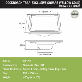 Yellow Exclusive Square Floor Drain in Yellow Gold PVD Coating (6 x 6 Inches) with Cockroach Trap - LIPKA - Lipka Home