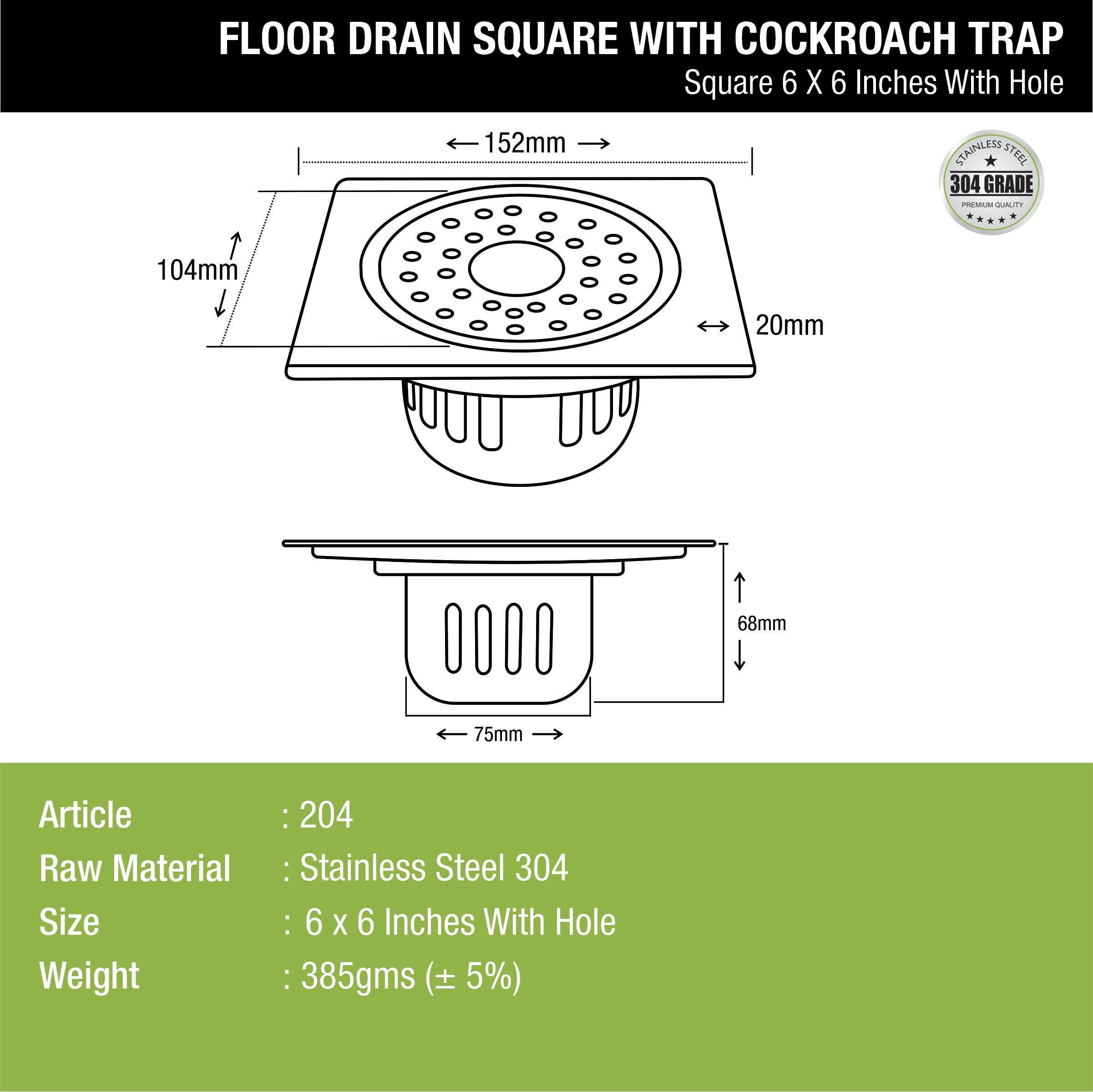 Square Floor Drain (6 x 6 Inches) with Hole and Cockroach Trap - LIPKA - Lipka Home