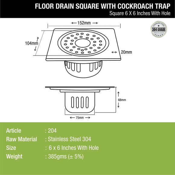 Square Floor Drain (6 x 6 Inches) with Hole and Cockroach Trap - LIPKA - Lipka Home