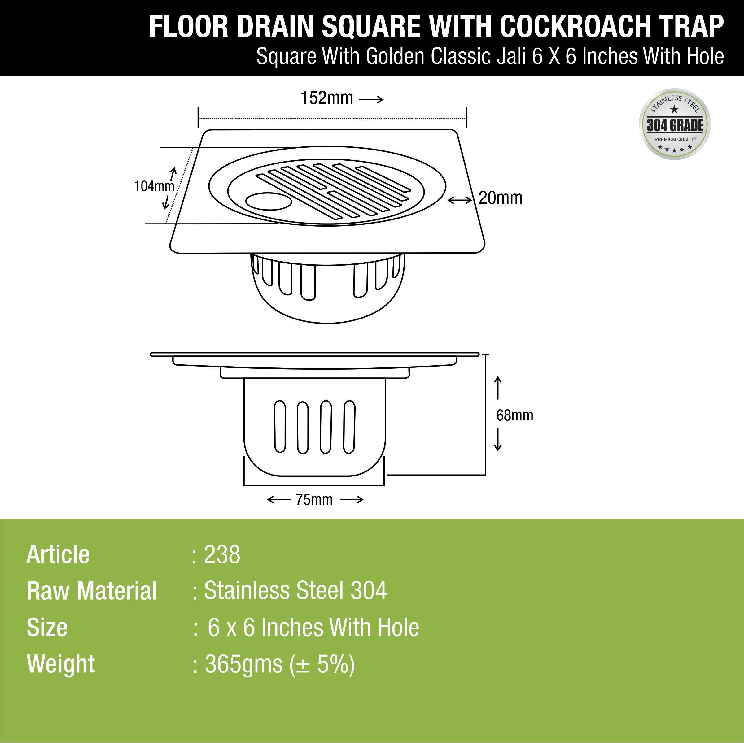 Golden Classic Jali Square Floor Drain (6 x 6 Inches) with Hole and Cockroach Trap - LIPKA - Lipka Home