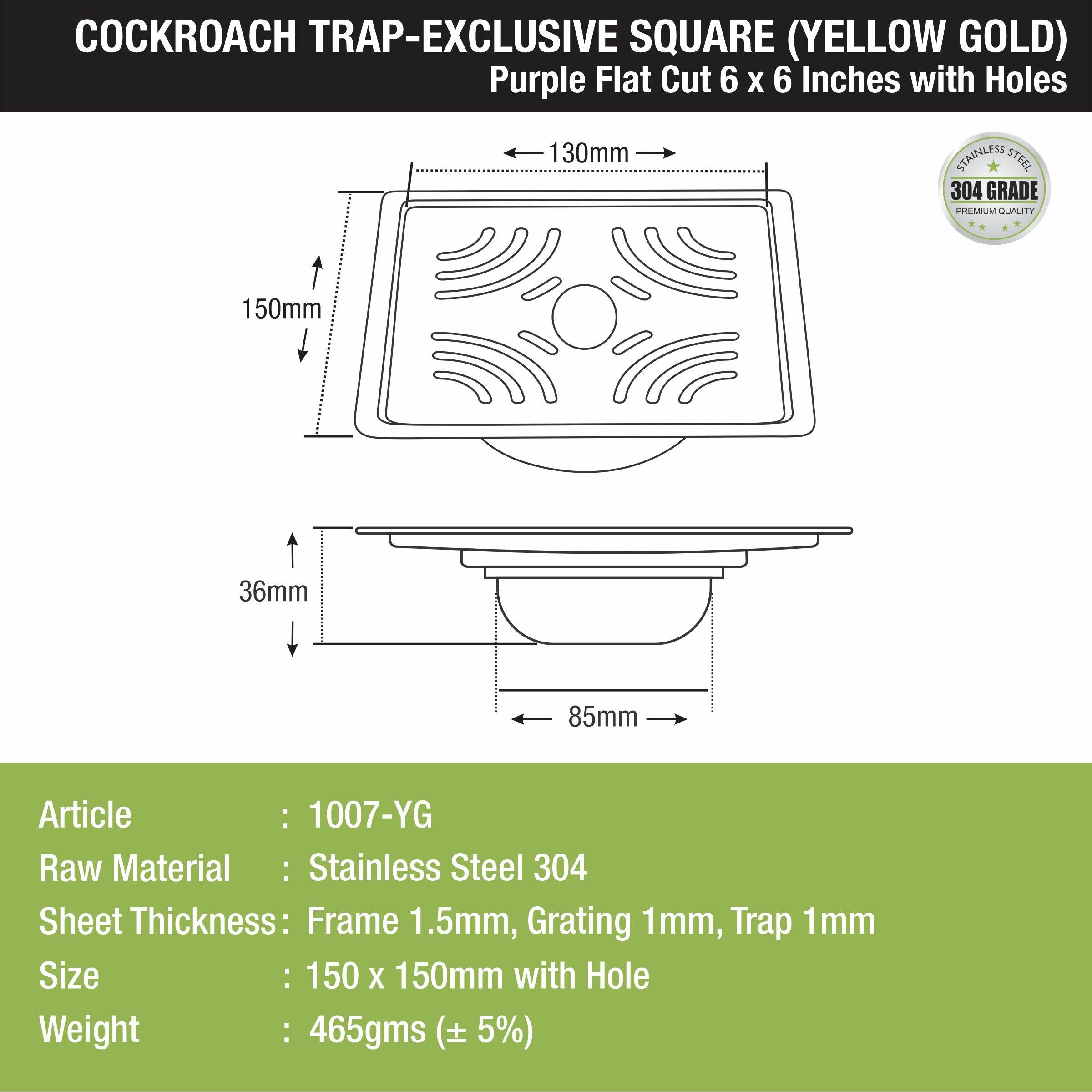 Purple Exclusive Square Flat Cut Floor Drain in Yellow Gold PVD Coating (6 x 6 Inches) with Hole & Cockroach Trap - LIPKA - Lipka Home