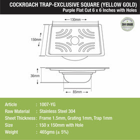 Purple Exclusive Square Flat Cut Floor Drain in Yellow Gold PVD Coating (6 x 6 Inches) with Hole & Cockroach Trap - LIPKA - Lipka Home