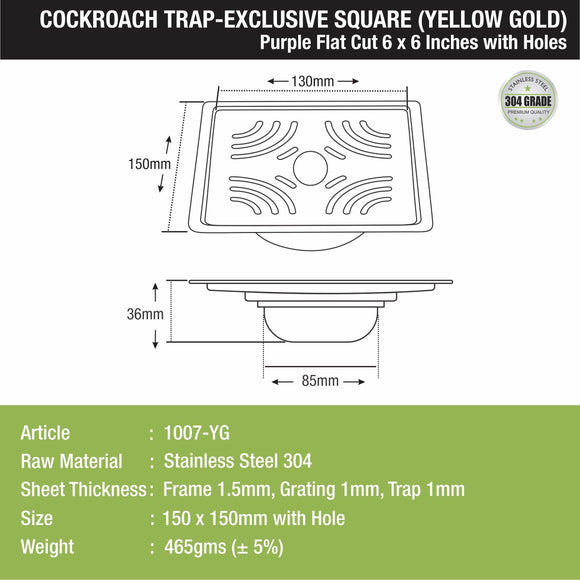Purple Exclusive Square Flat Cut Floor Drain in Yellow Gold PVD Coating (6 x 6 Inches) with Hole & Cockroach Trap - LIPKA - Lipka Home