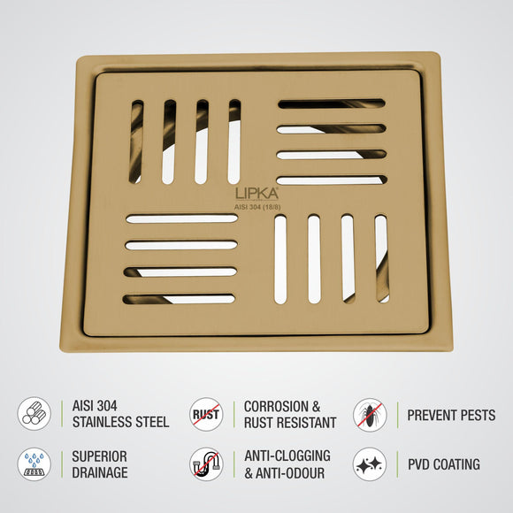 Pink Exclusive Square Flat Cut Floor Drain in Yellow Gold PVD Coating (6 x 6 Inches) - LIPKA - Lipka Home