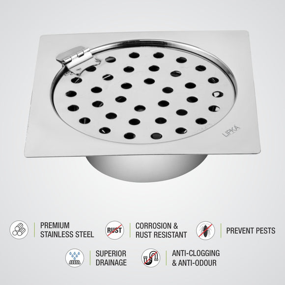 Super Sleek Square Flat Cut Floor Drain (5 x 5 Inches) with Hinge and Cockroach Trap - LIPKA - Lipka Home
