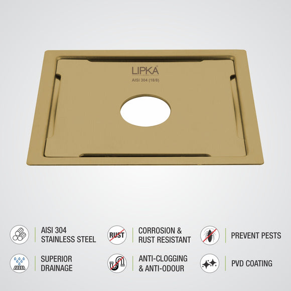 Yellow Exclusive Square Flat Cut Floor Drain in Yellow Gold PVD Coating (6 x 6 Inches) with Hole - LIPKA - Lipka Home