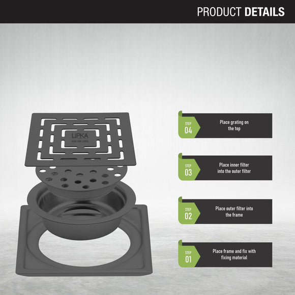 Orange Exclusive Square Floor Drain in Black PVD Coating (6 x 6 Inches) with Cockroach Trap - LIPKA - Lipka Home