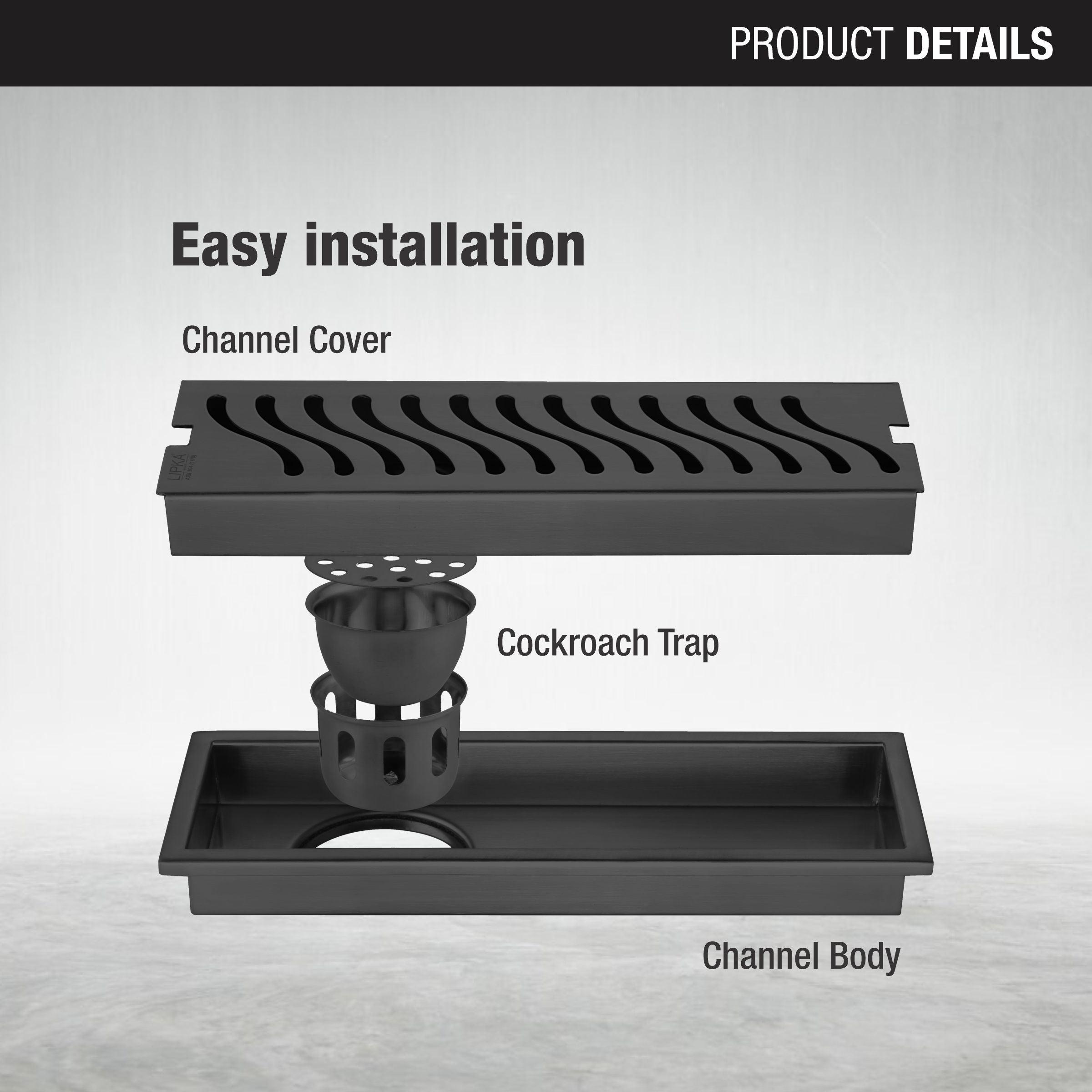 Wave Shower Drain Channel - Black (18 x 4 Inches installation