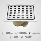 Square Jal Floor Drain (5 x 5 Inches) with Wide PVC Cockroach Trap - LIPKA