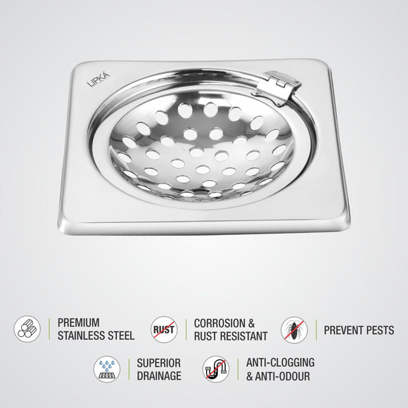 Eon Square Floor Drain with Hinge (5 x 5 Inches) - LIPKA - Lipka Home