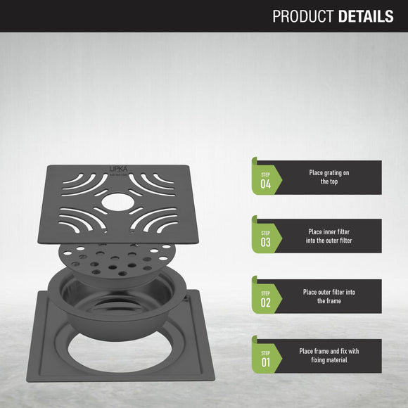 Purple Exclusive Square Flat Cut Floor Drain in Black PVD Coating (6 x 6 Inches) with Hole & Cockroach Trap - LIPKA - Lipka Home