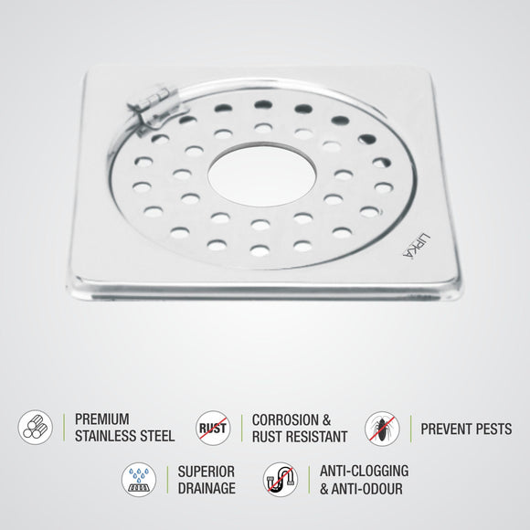 Eon Square Floor Drain with Plain Jali, Hinge and Hole (6 x 6 Inches) - LIPKA - Lipka Home