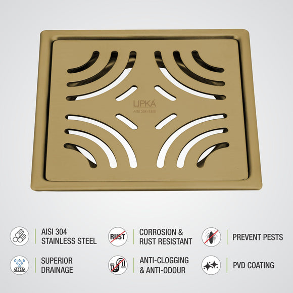 Purple Exclusive Square Flat Cut Floor Drain in Yellow Gold PVD Coating (6 x 6 Inches) - LIPKA - Lipka Home