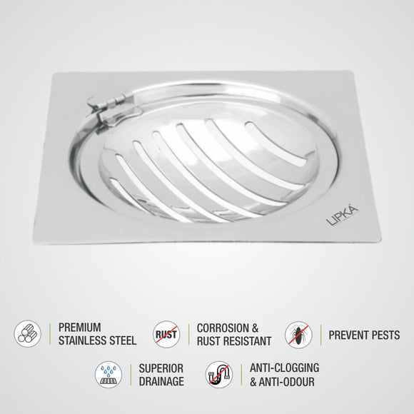 Eon Square Flat Cut Floor Drain with Classic Jali and Hinge (6 x 6 Inches) - LIPKA - Lipka Home