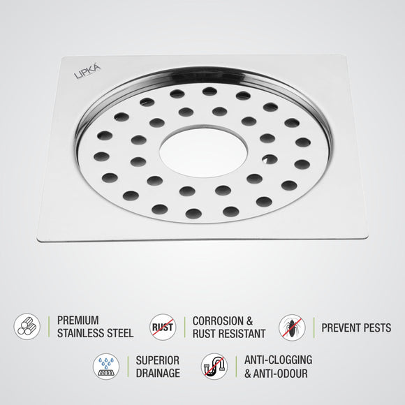 Eon Square Flat Cut Floor Drain with Plain Jali and Hole (6 x 6 Inches) - LIPKA - Lipka Home