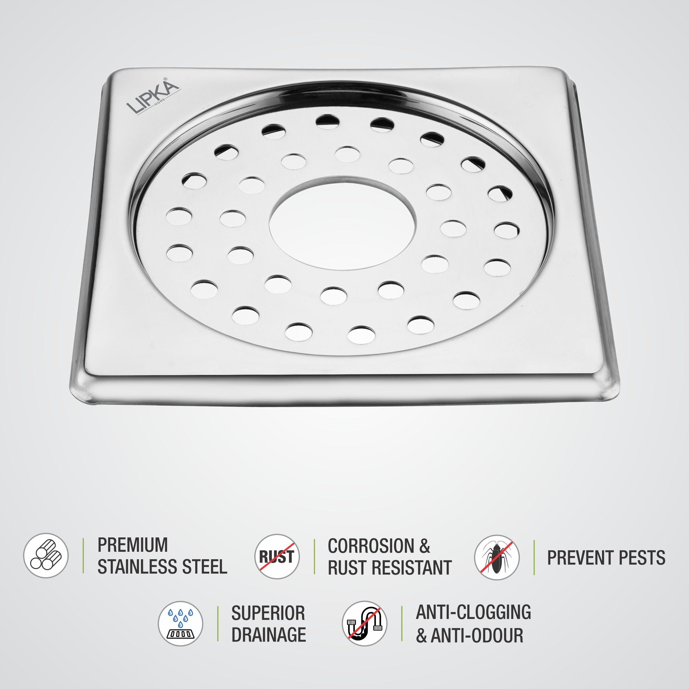 Eon Square Floor Drain with Plain Jali and Hole (5 x 5 Inches) - LIPKA - Lipka Home