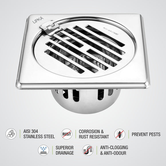 Golden Classic Jali Square Floor Drain (5 x 5 Inches) with Hinge and Cockroach Trap - LIPKA - Lipka Home