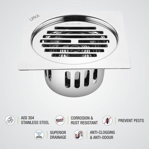 Golden Classic Jali Square Flat Cut Floor Drain (5 x 5 Inches) with Cockroach Trap - LIPKA - Lipka Home