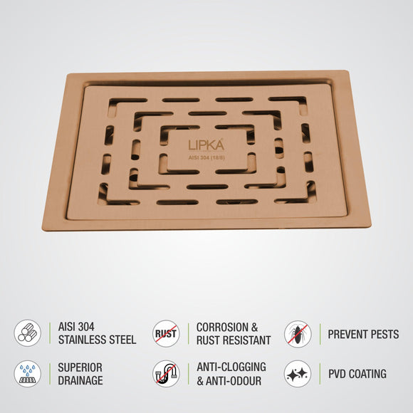 Orange Exclusive Square Flat Cut Floor Drain in Antique Copper PVD Coating (6 x 6 Inches) - LIPKA - Lipka Home