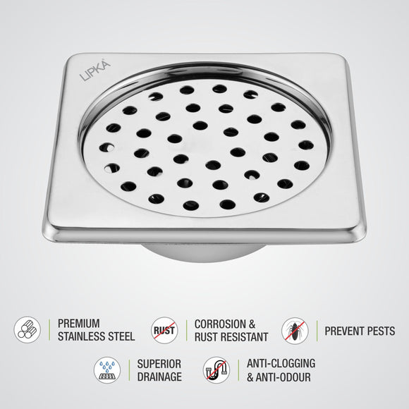 Super Sleek Square Floor Drain (5 x 5 Inches) with Cockroach Trap - LIPKA - Lipka Home